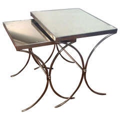 Pair of Polished Iron with Patined Mirror Top Nesting Tables 5