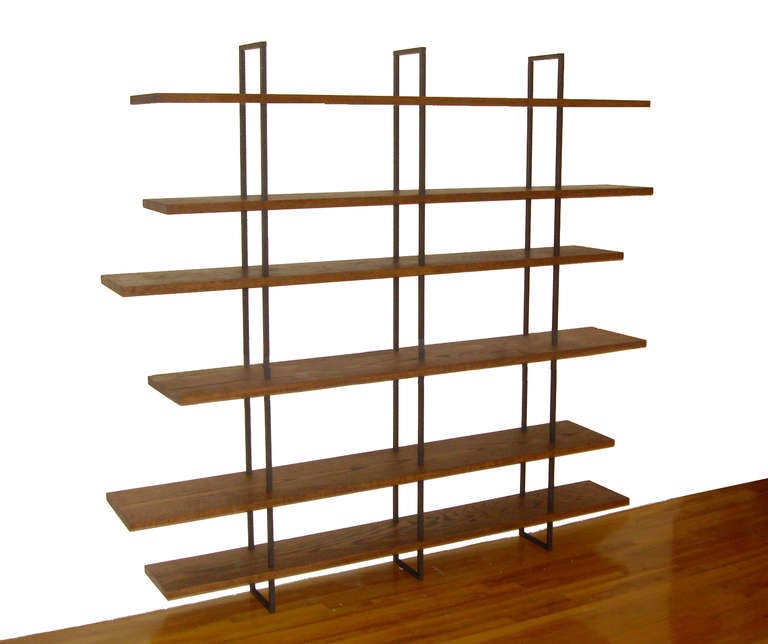 Steel and wood bookcase.  USA, new production.  This item is special order.  Made in the USA.  Available as shown and also in custom dimensions. Contact us for custom size quote; please allow 3 to 4 weeks for delivery (bookcase as shown is priced