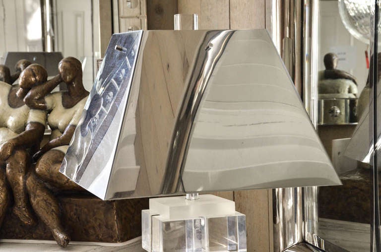 Mid-20th Century Fabulous Pair of Lucite Stack Lamps with Silvered Metal Shades