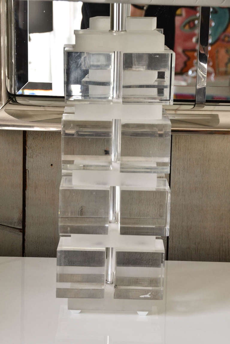 Fabulous Pair of Lucite Stack Lamps with Silvered Metal Shades 1