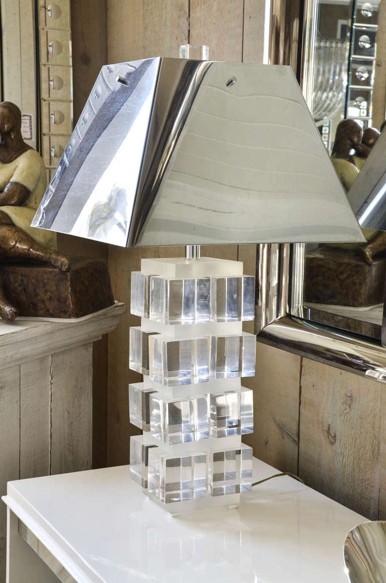 Fabulous Pair of Lucite Stack Lamps with Silvered Metal Shades 4
