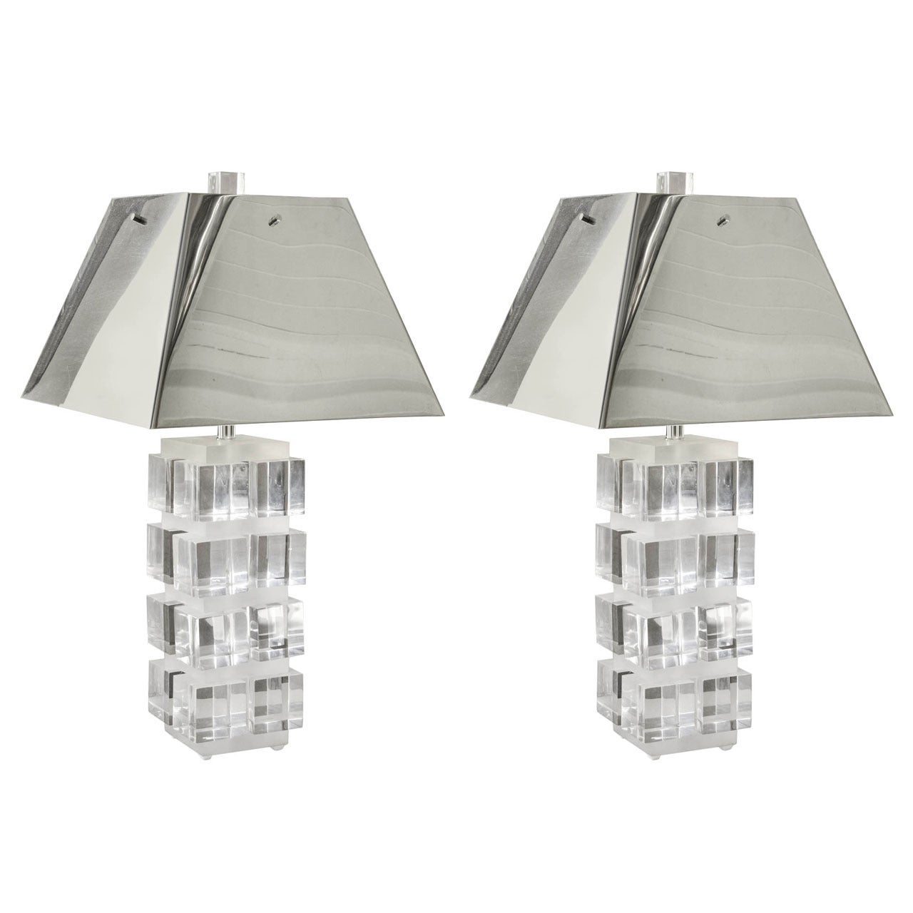 Fabulous Pair of Lucite Stack Lamps with Silvered Metal Shades