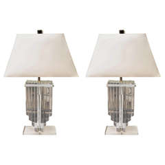 Incredible Pair of Vintage Lucite Stack Lamps with Custom Shades