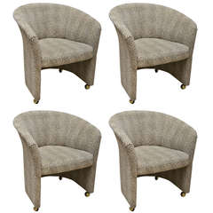 Set of Four Baby Leopard Suede Barrel Back Armchairs on Casters