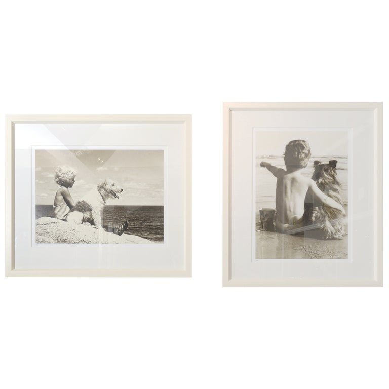Pair of English Beach Photos in White Lacquer Frames For Sale