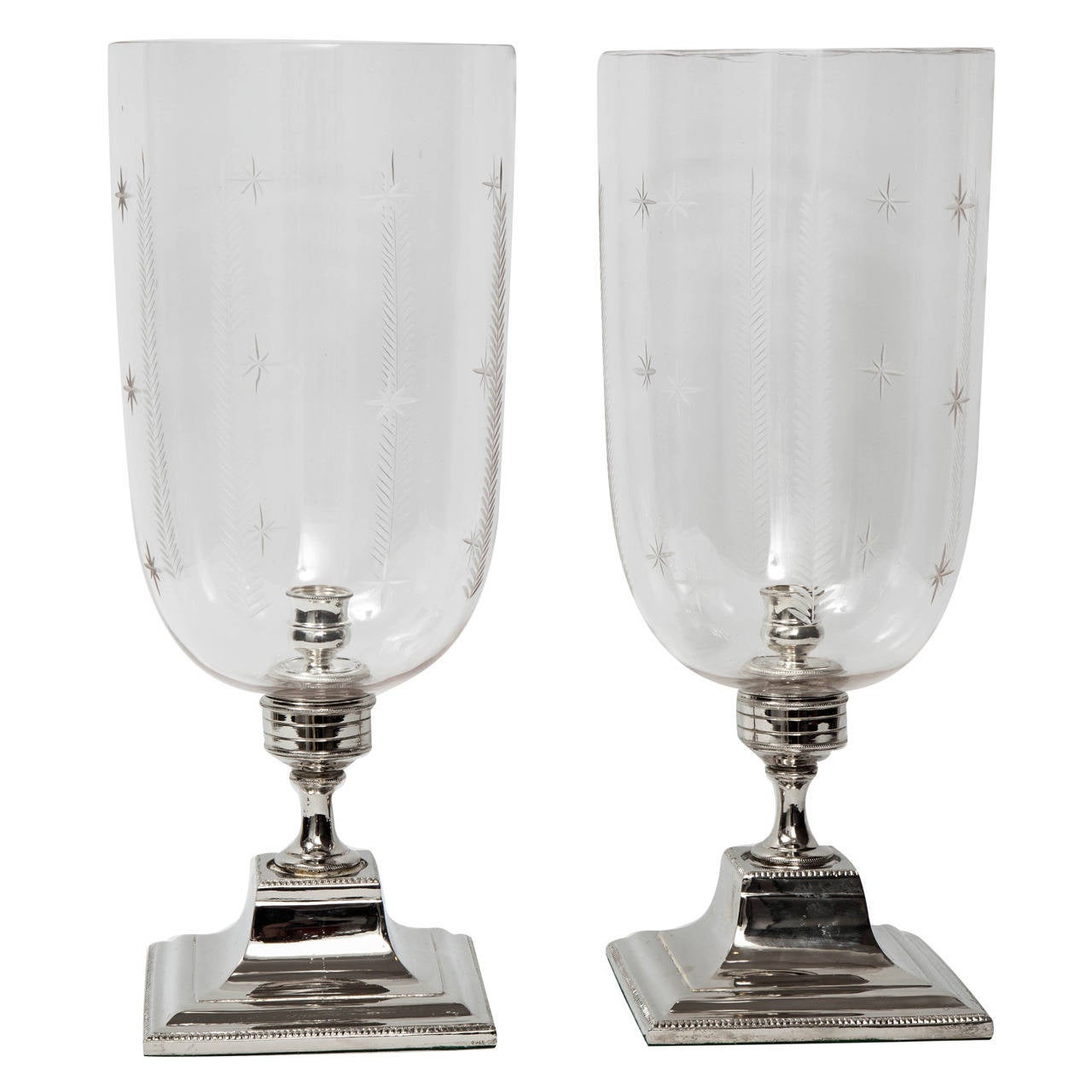 Pair of 21st Century Etched Glass Candlesticks on Silver Plated Stands For Sale