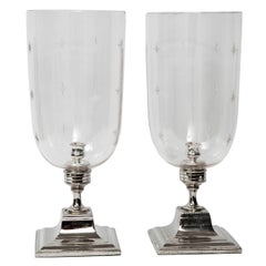 Pair of 21st Century Etched Glass Candlesticks on Silver Plated Stands