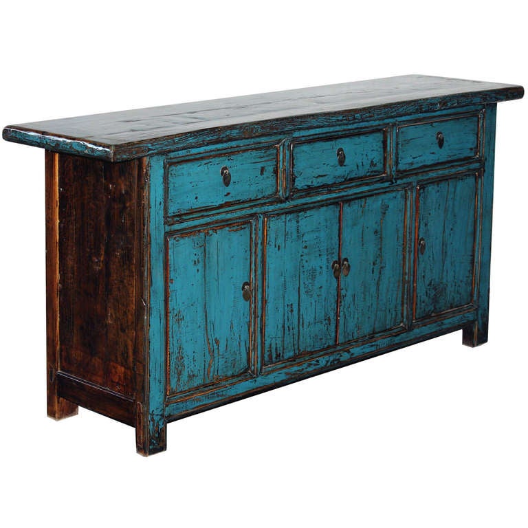 Qing Dynasty three-drawer, four-door brilliant blue lacquered buffet. New interior shelf, interior drawers and hardware. Gansu, China, circa 1880s.
