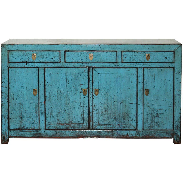 Three-drawer blue buffet from Dongbae, China. Use under a flat screen TV or in a dining room. New interior shelf and hardware. Center bar removes for easy interior access. Circa 1870s.