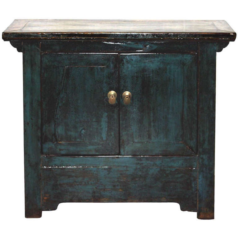 Two-door blue lacquer side chest with cream top and straight bottom skirt. New interior shelving and hardware. Shanxi, China, circa 1880.