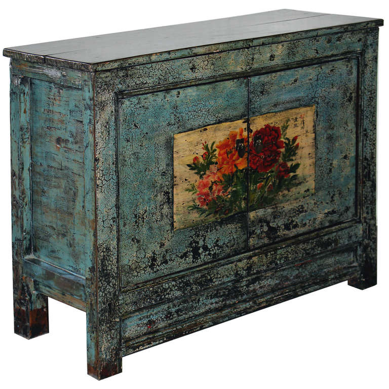 Blue Qing dynasty two-door side chest with hand-painted chrysanthemum flowers. Top opens up for easy storage. New hardware and interior shelf. Circa, 1890s.