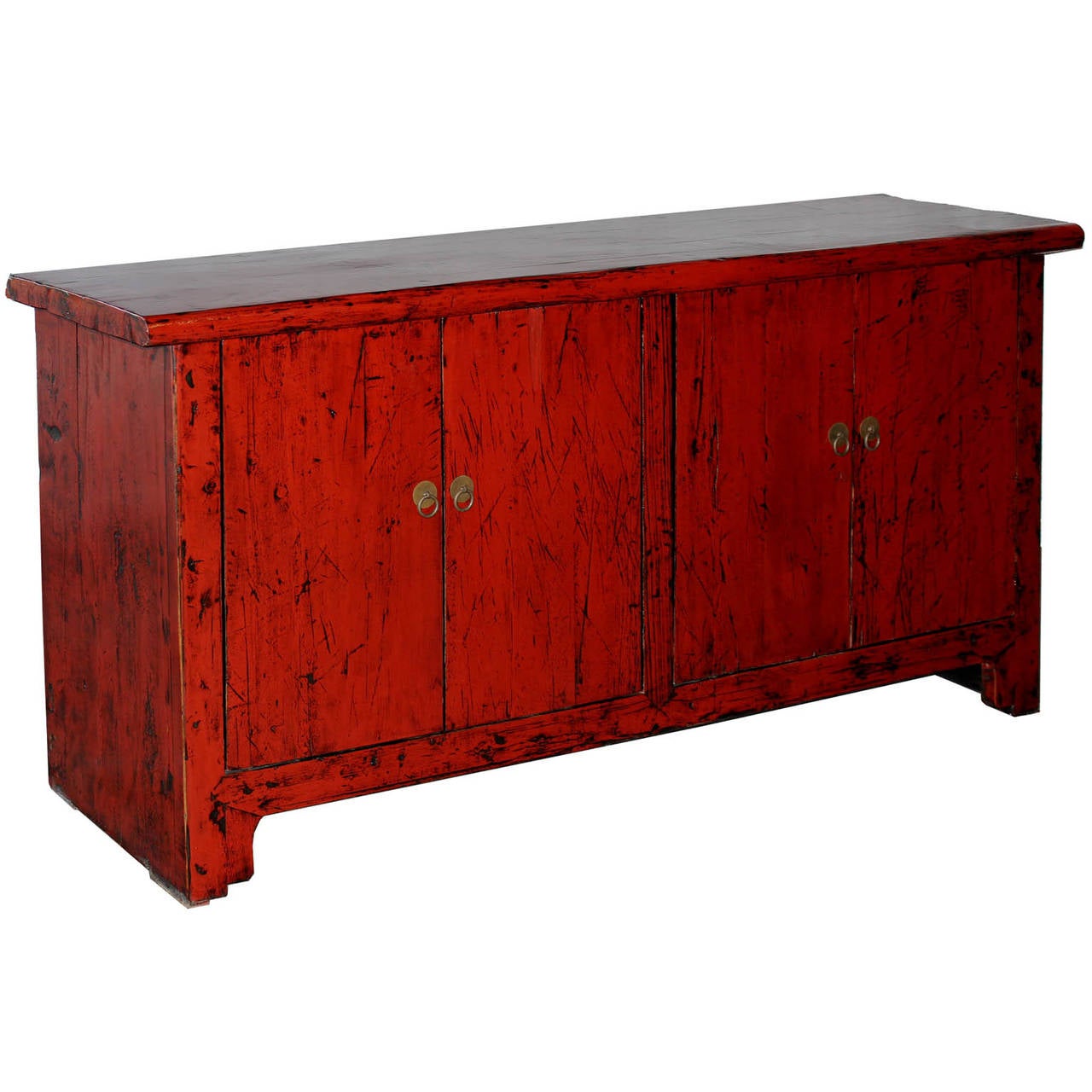 Four-door red lacquer elm buffet with over-hanging top from Shanxi, China. New interior shelf and hardware, circa 1890.