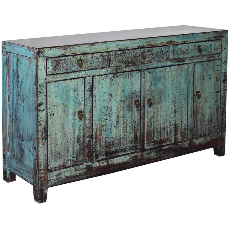 Three-drawer buffet from Dongbai, China, circa 1890. Hand-lacquered in beautiful light blue color. New interior shelving and hardware.