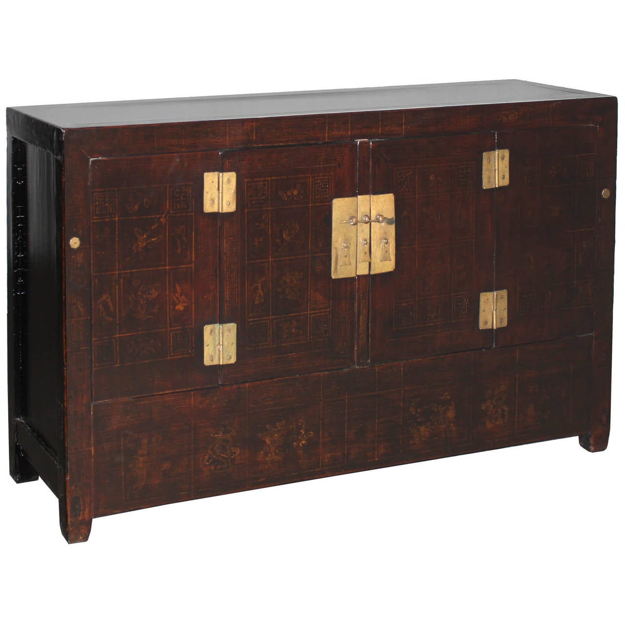 Wedding sideboard with hand-painted symbols for prosperity and good wishes. With bi-fold doors and removable center bar for easy interior access. Use in the dining room as a sideboard, or in the living room behind a sofa. Dongbei, China circa 1880s.
