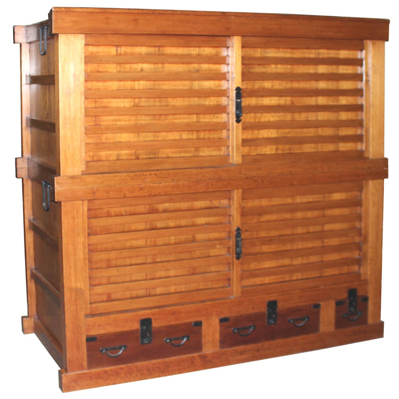 Two section Japanese futon dansu originally used to store bedding. Large tansu can be used as a media cabinet or for storage in the dining room for big platters and linens. Kyoto, Japan, circa 1850s.