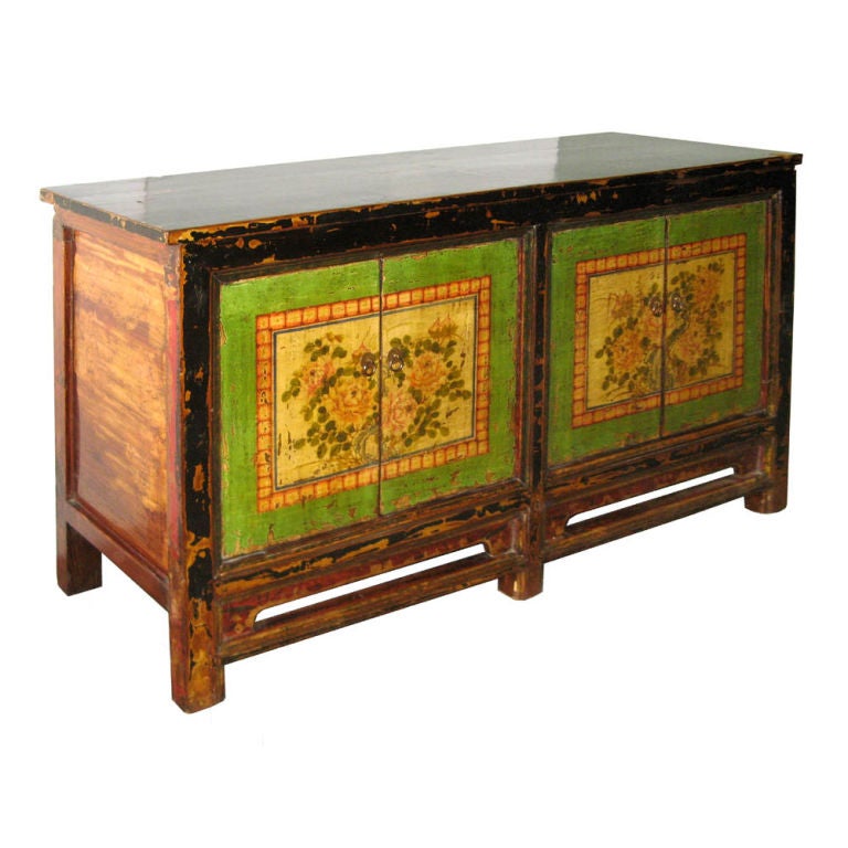 Reconstucted northern elmwood buffet with original handpaintings of peonies on both sets of doors.