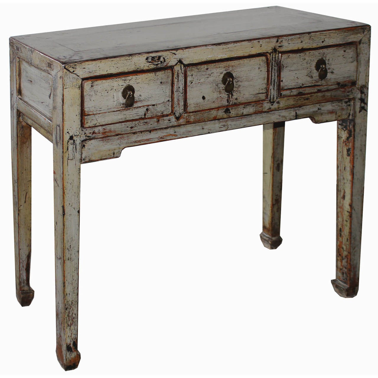 Three-drawer gray lacquer console table with exposed wood edges and horse-hoof feet. New hardware. Shandong, China circa 1900s.