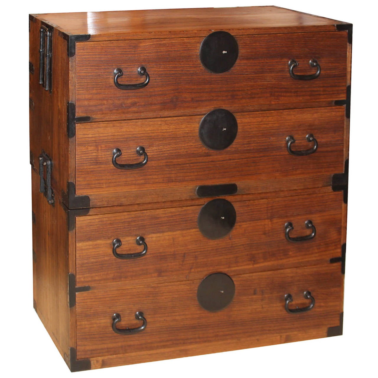 Meiji period, circa 1850s two section chest originally used for clothing storage. All original hand-forged iron hardware with simple round lock plates. Solid kiri wood (paulownia).
