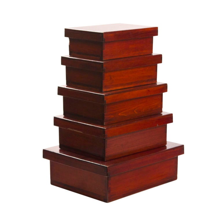 Set of 5 Japanese lacquered bento boxes from Kyoto, Japan. Taisho period - 1920s. (Measurements listed below are for the largest box. Overall height is 22-3/8