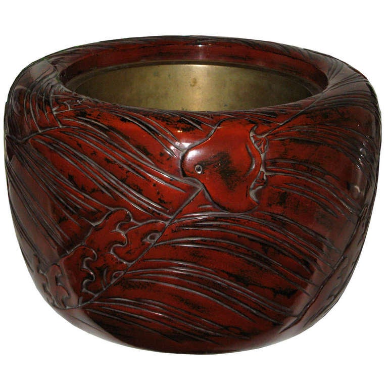 Exquisite meiji period lacquer hibachi (hand warmer) with carved birds floating in the water. Copper lining. Can be filled with orchids as a stunning centerpiece for a dining room table. Kamakura, circa 1880.