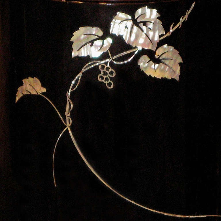 Exquisite taisho period black lacquer hibachi (hand warmer) from Kyoto, Japan. Grape leave motif with Inlaid mother-of-pearl and copper insert. Can be used as a plant holder or for orchids.