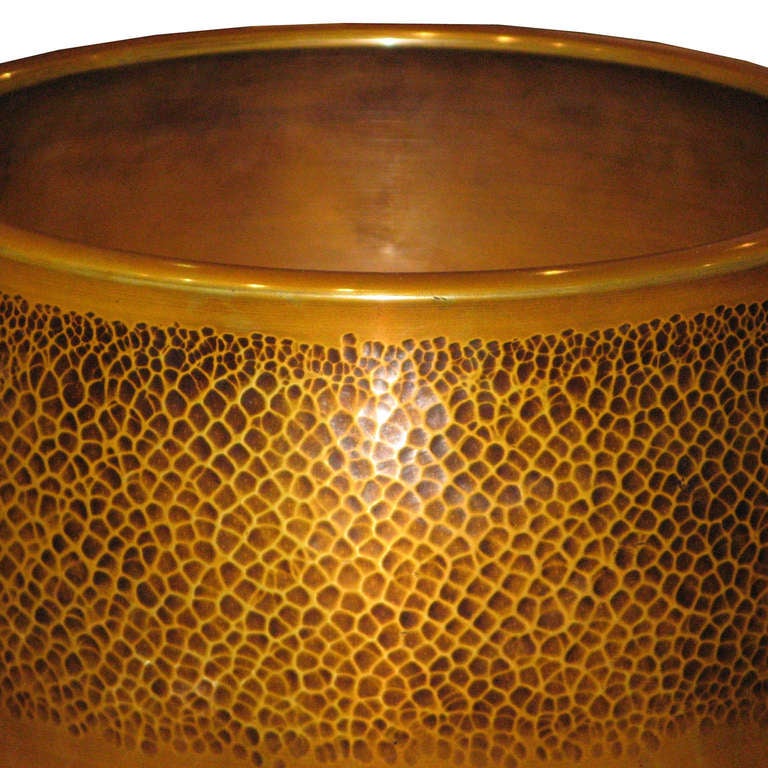 Japanese hand hammered meiji period bronze hibachi (hand warmer) from Kyoto, Japan. Slightly tapered design with elm wood base. Use as a plant holder or for orchids.