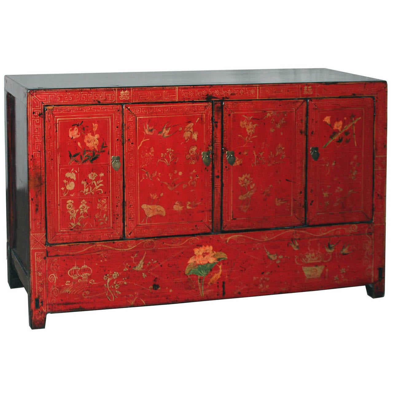 Four-door red lacquered wedding buffet with hand-painted gold leaf love birds, lotus flowers, cherry blossoms and double happiness characters, symbolizing prosperity and red representing happiness. New interior shelf and hardware. Middle bar removes