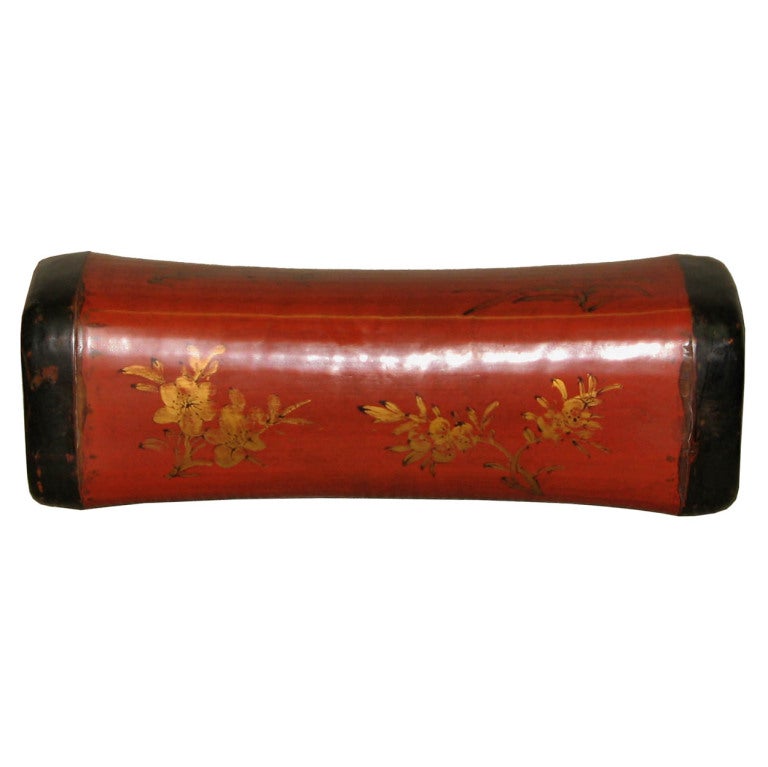 Vintage elegant coral color wedding pillow made of lacquered leather and handpainted with gold flowers.