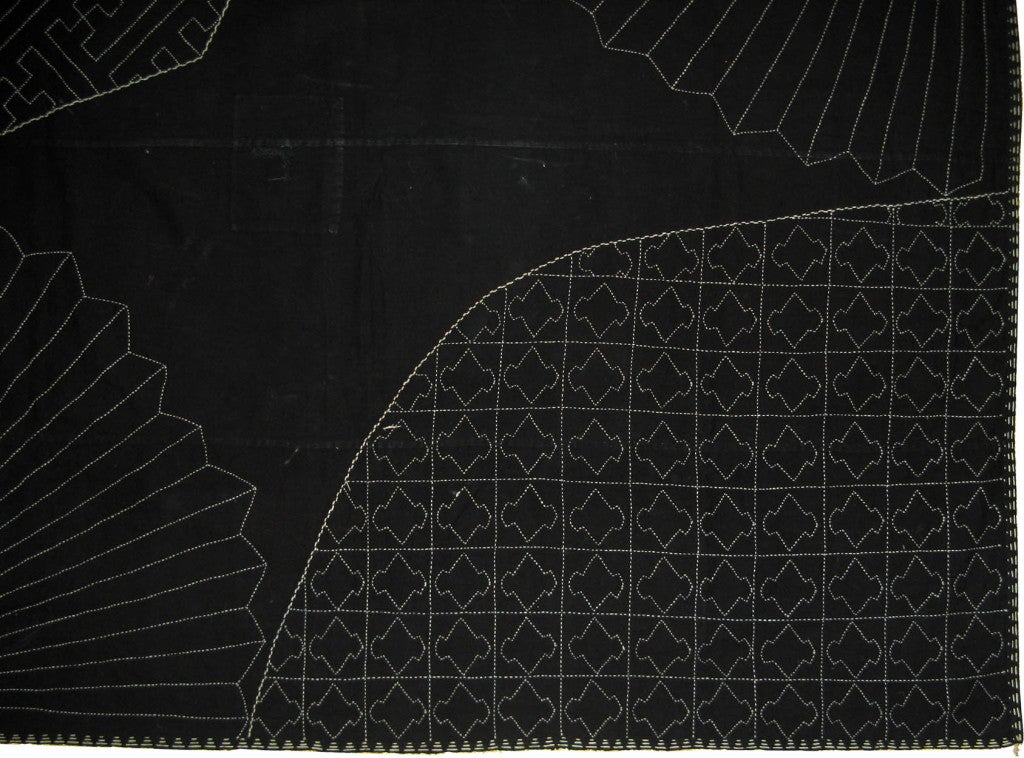 Vintage indigo dyed furoshiki (Japanese wrapping cloth) with sashiko hand stitching of fan motifs.Taisho period, circa 1920s.
