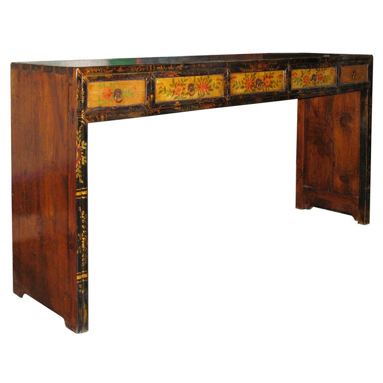 Vintage pinewood console table with 5 handpainted drawers from the Shanxi province. Would look great along a hallway wall or behind a sofa. Circa 1920s.