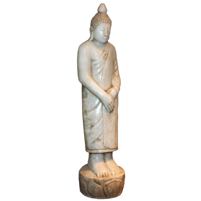 19th C Burmese marble standing buddha on a lotus flower. Contemplation Buddha posture, the enlightened Buddha contemplates his achievements and knowledge, standing still for 7 days under the Bodhi Tree to contemplate the suffering of all living