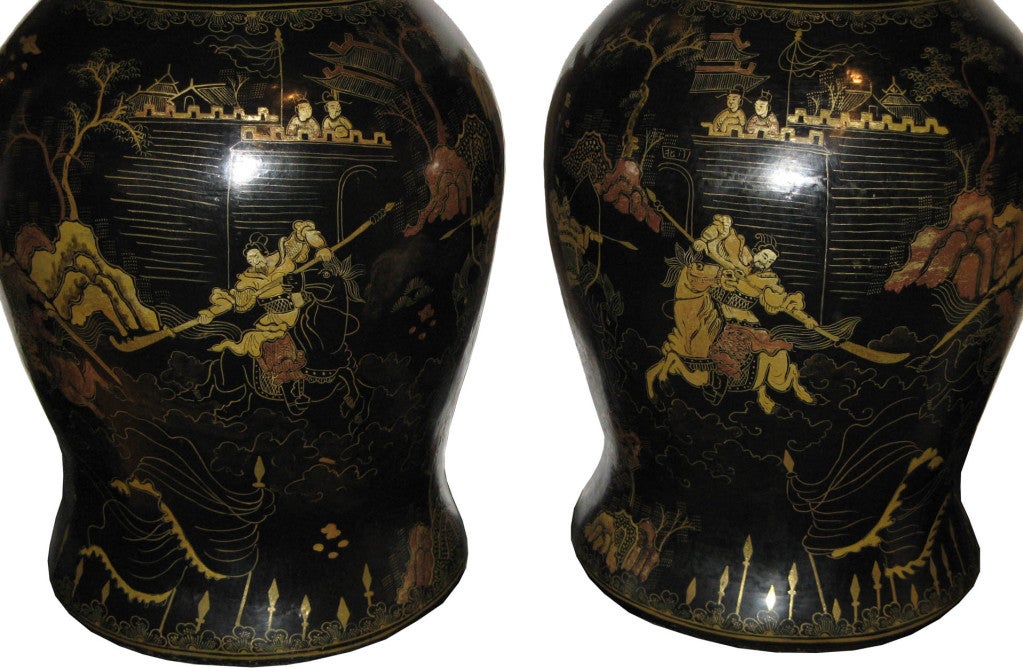 Chinese Pair of Black and Gold Ginger Jars