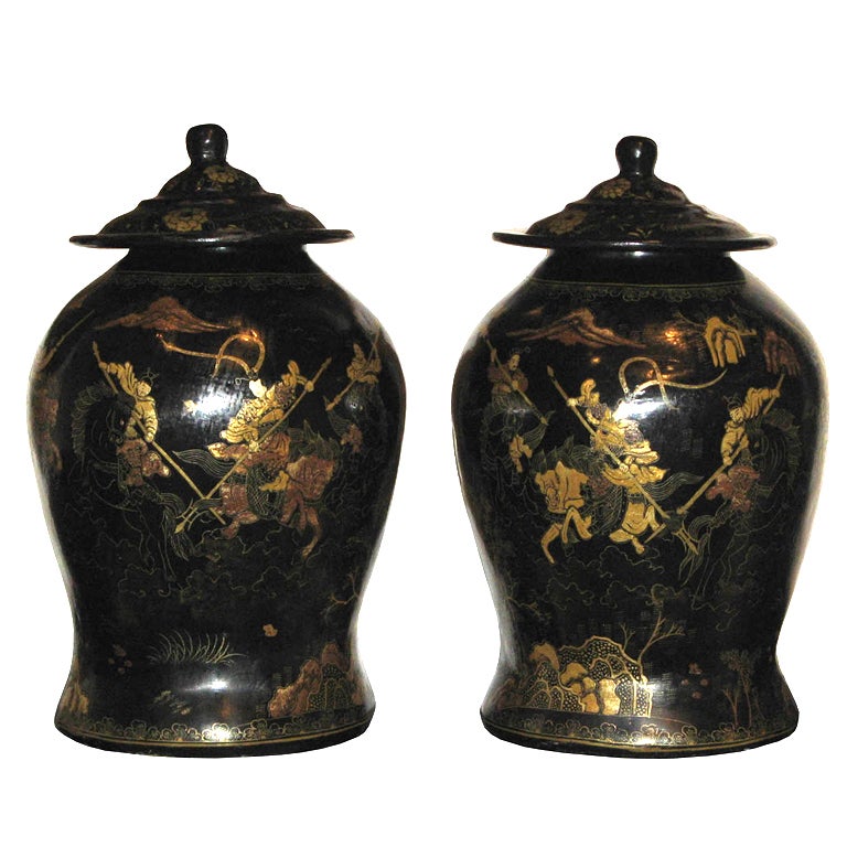 Pair of Black and Gold Ginger Jars