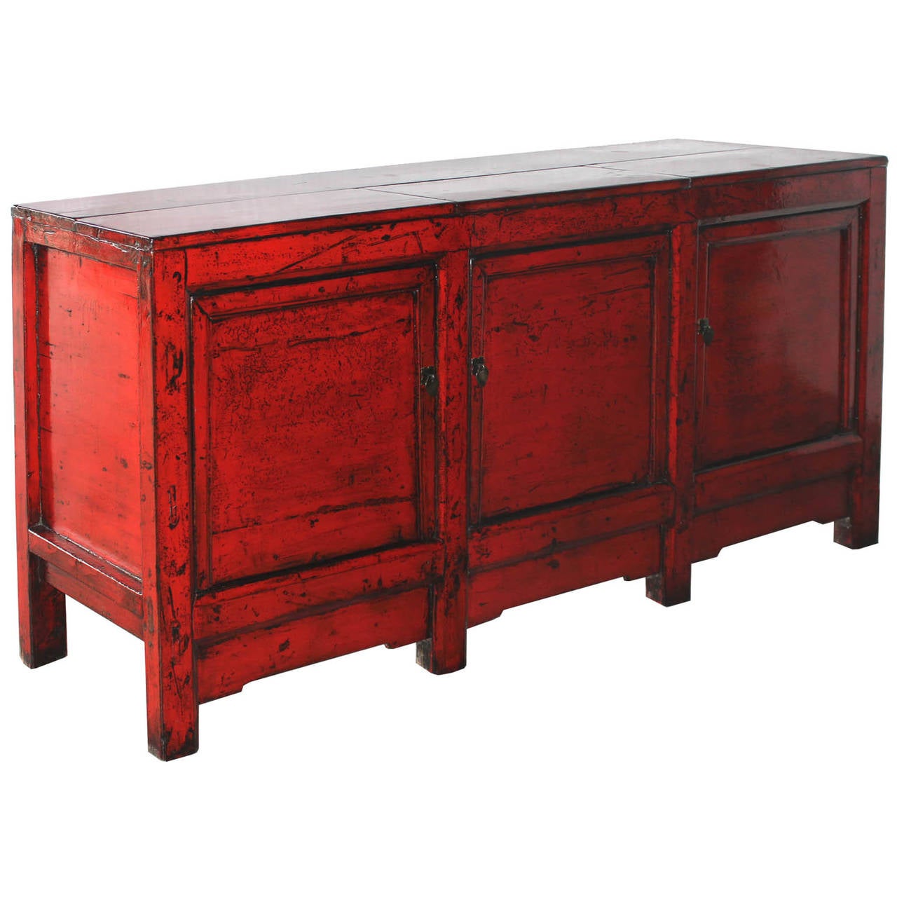 Red lacquer sideboard with paneled doors, straight bottom skirts, and exposed wood edges New interior shelves and hardware. Use in the living room, entry way, or dining room for a focal point in a modern interior.