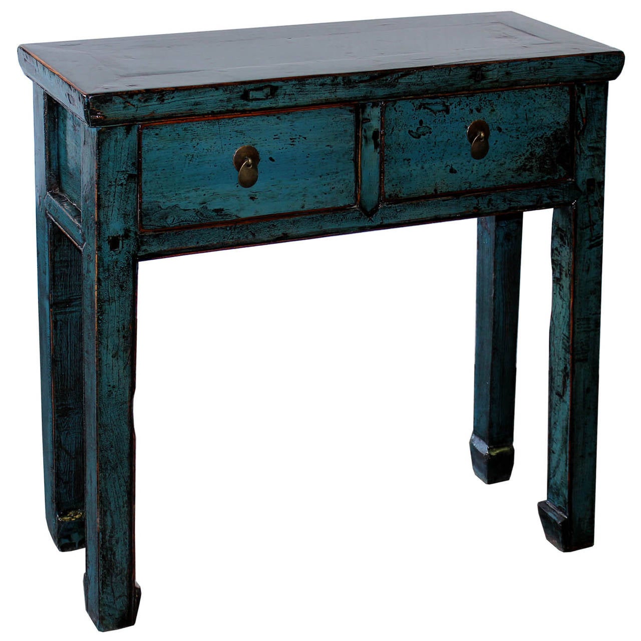 Small 2-drawer console table with exposed wood edges and horse-hoof feet can be placed in a hallway or entry way with a lamp and accessories on top. New hardware.