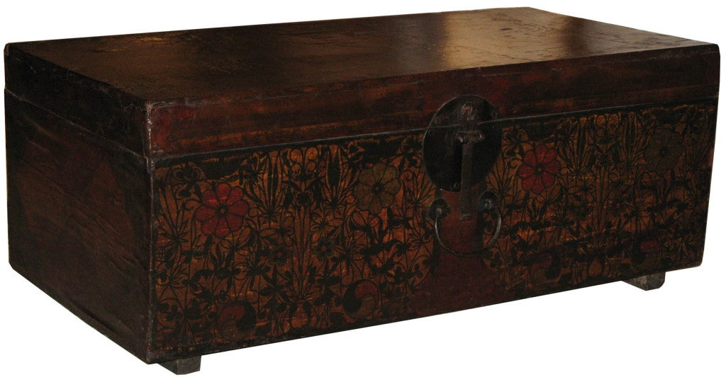 Antique Korean papier-mâché wood wedding box with flower pattern was used to hold dowry items of the bride. Interior is lined with rice paper.