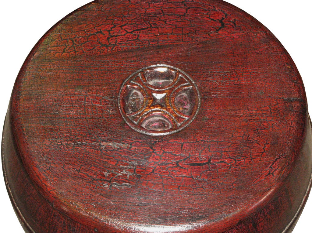Vintage barrel was used to store various grains for daily use. Elegant red lacquer crackle finish. Shanxi, China, circa 1920s.
