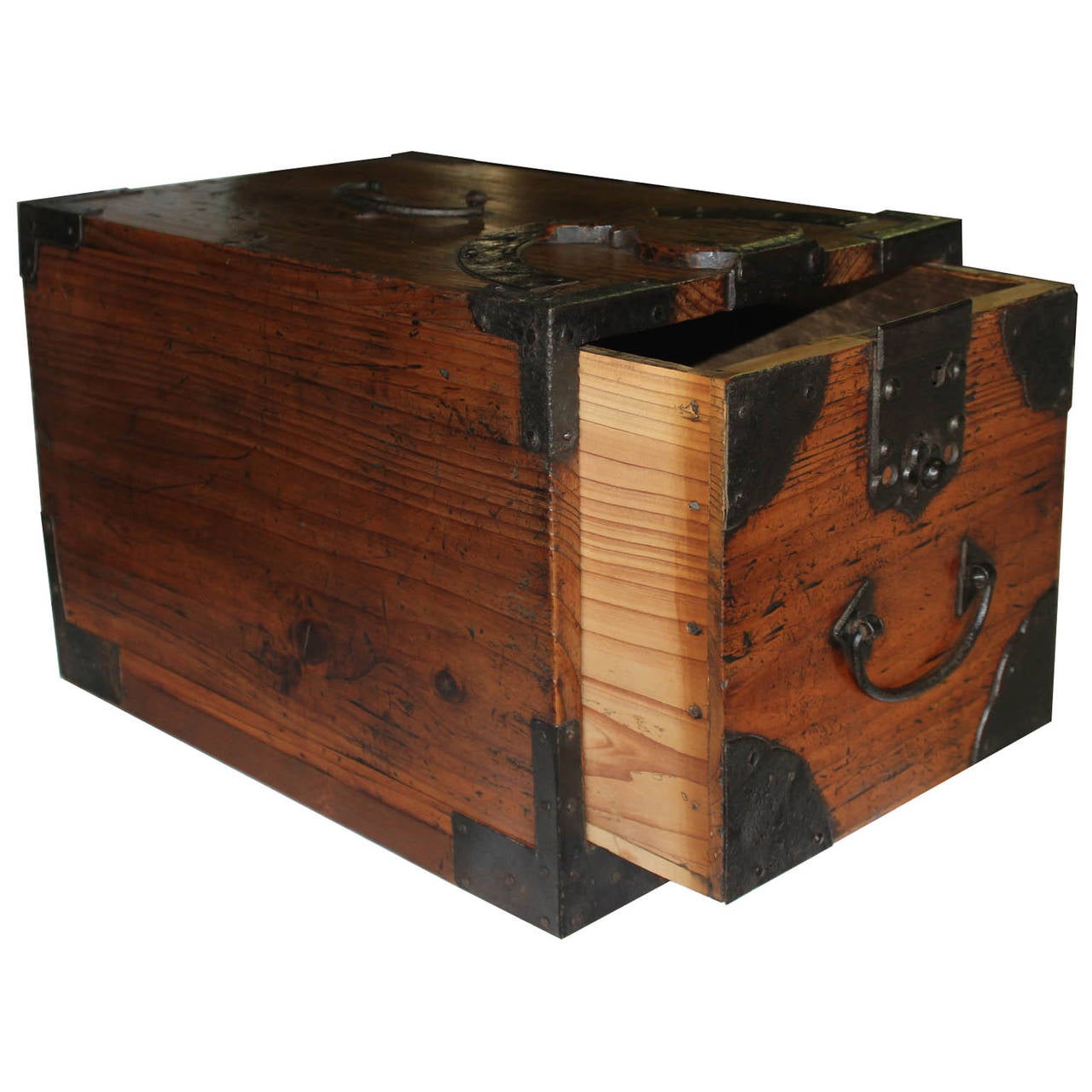 Antique Meiji period tool box used by craftsmen to carry and store tools with original hand-made iron hardware. Place on a bookshelf or on a coffee table to store electronic remote controls.  Sugi (cedar wood), circa 1850s.
