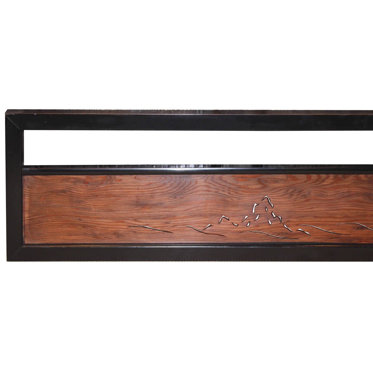 Vintage Japanese sugi wood (cedar) ranma (transom) with black lacquer frame.  With hand-carved long life turtle swimming in the waves.  Transoms were originally used in between rooms above doorways as decorative elements.  Taisho period, circa 1920s.