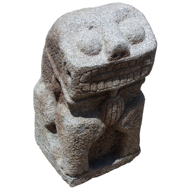 Hand-carved stone fu dog from the southern Fujian province can be displayed inside or outside. Fu dog with big round eyes and large open mouth are guardians/protectors traditionally placed at the entrance of a house or a building.