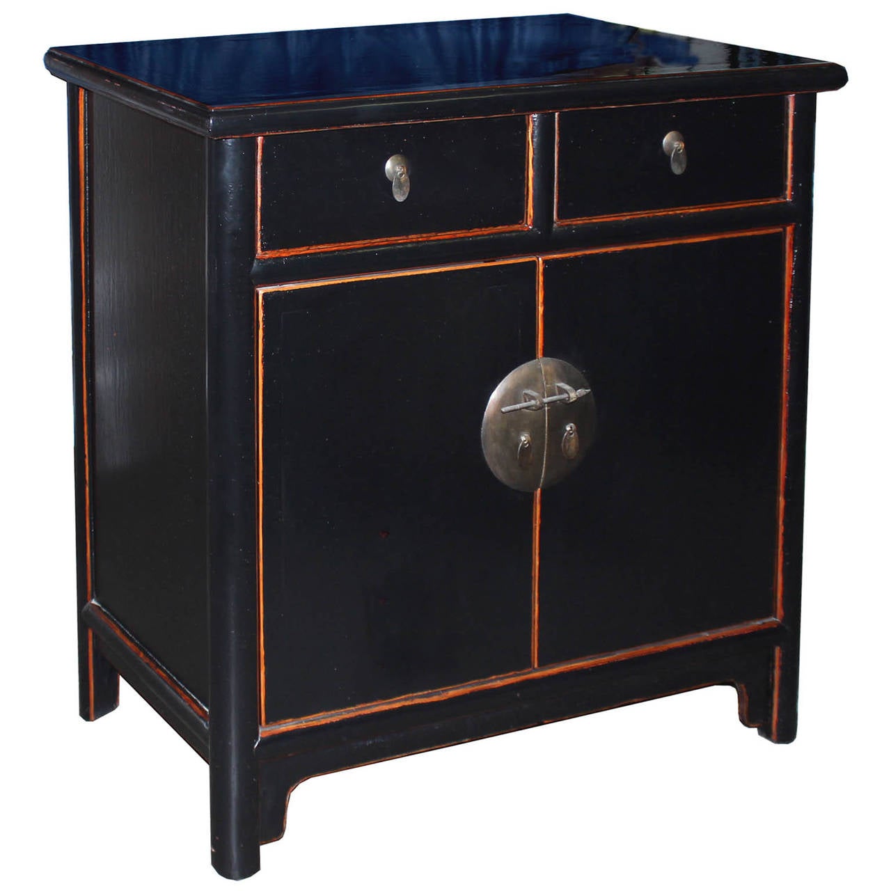 Two-drawer black lacquer side chest with exposed wood edges and straight bottom skirt. New interior shelf and hardware, China, circa 1920s. Some wear.