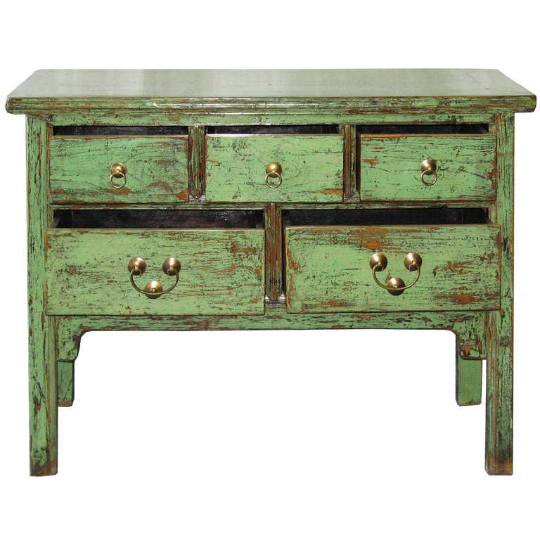 Chinese 5 Drawer Green Console Table