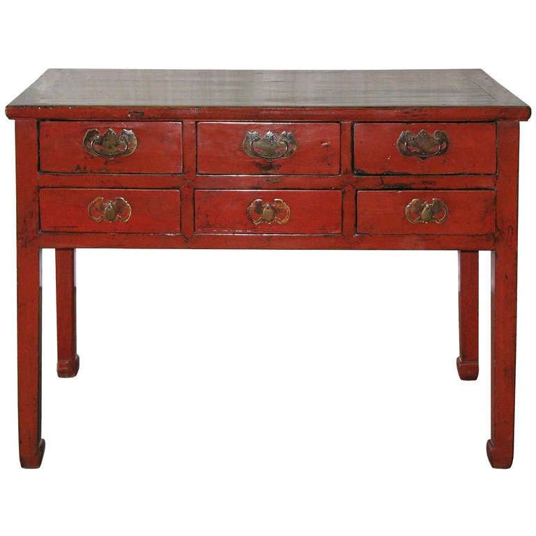 Red lacquer writing desk with horse hoof feet and original brass bat hardware symbolizing wealth and prosperity. Shanxi, China circa 1890.