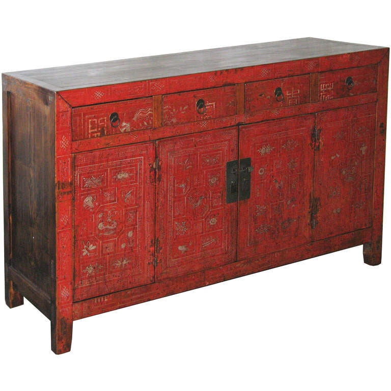 Hand-painted red lacquer wedding sideboard. Red color symbolizes happiness for the newlyweds. Ample storage for dishes or entertainment equipment. New interior shelf and hardware. Circa 1880s.