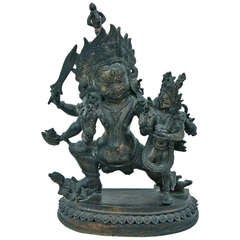 Tibetan Bronze Figure of Ferocious Deity with Consort, circa 1920 1