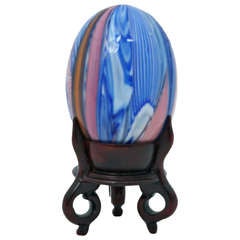 Antique Nailsea Egg Hand Colored, Blue with Pink and White
