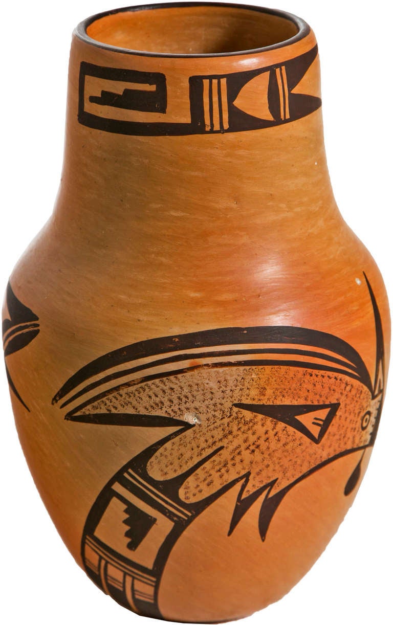 Native American (Hopi) vase, probably First Mesa.  The vase, having burnished buff color ground and decorated with two stylized birds with traditional banding at neck.

From the collection of R. F. Schwarz, a seasoned dealer of fine porcelain and