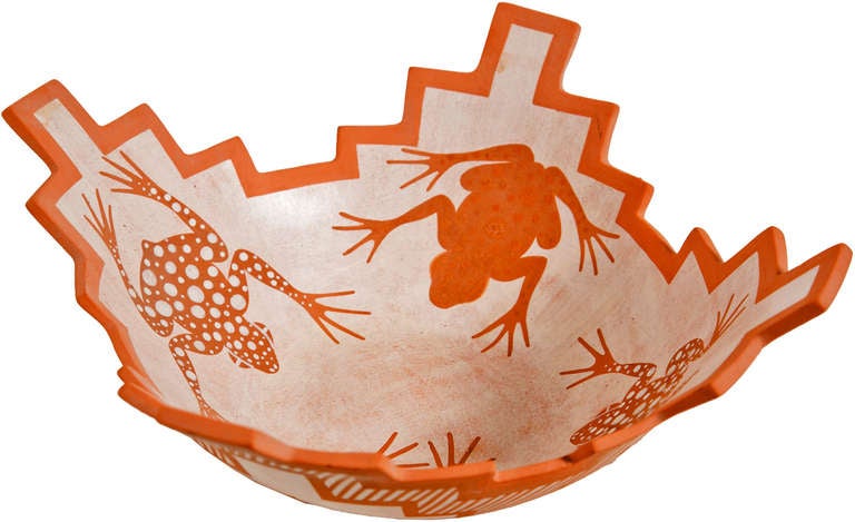 Native American bowl by Roweena Him.  The stepped notched bowl with four spotted frogs on the interior and geometric designs to the exterior.

From the collection of R. F. Schwarz, a seasoned dealer of fine porcelain and objects, leading designer