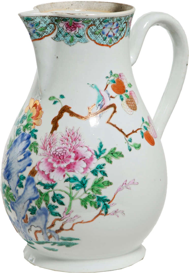 A late 18th century Chinese (Qing Dynasty/Qianlong) export pitcher of unusual size, decorated with birds and flowers.

From the collection of R. F. Schwarz, a seasoned dealer of fine porcelain and objects, leading designer on the West Coast for