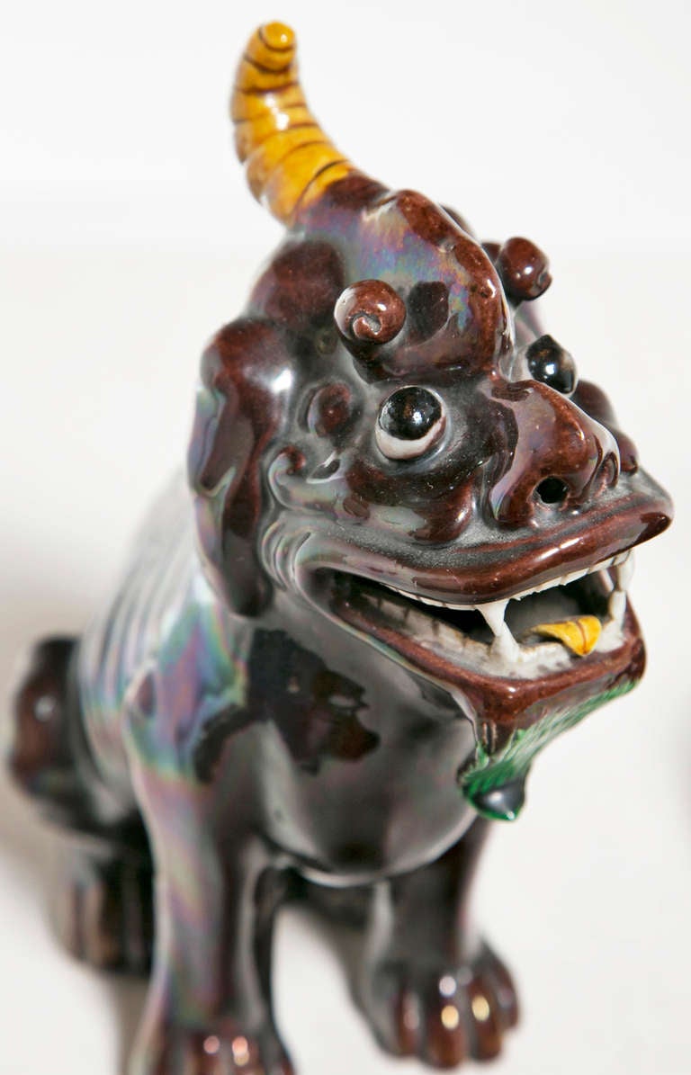 Glazed Large Pair of Aubergine Kylin Chinese Porcelain Dogs, circa 1920s-1930s